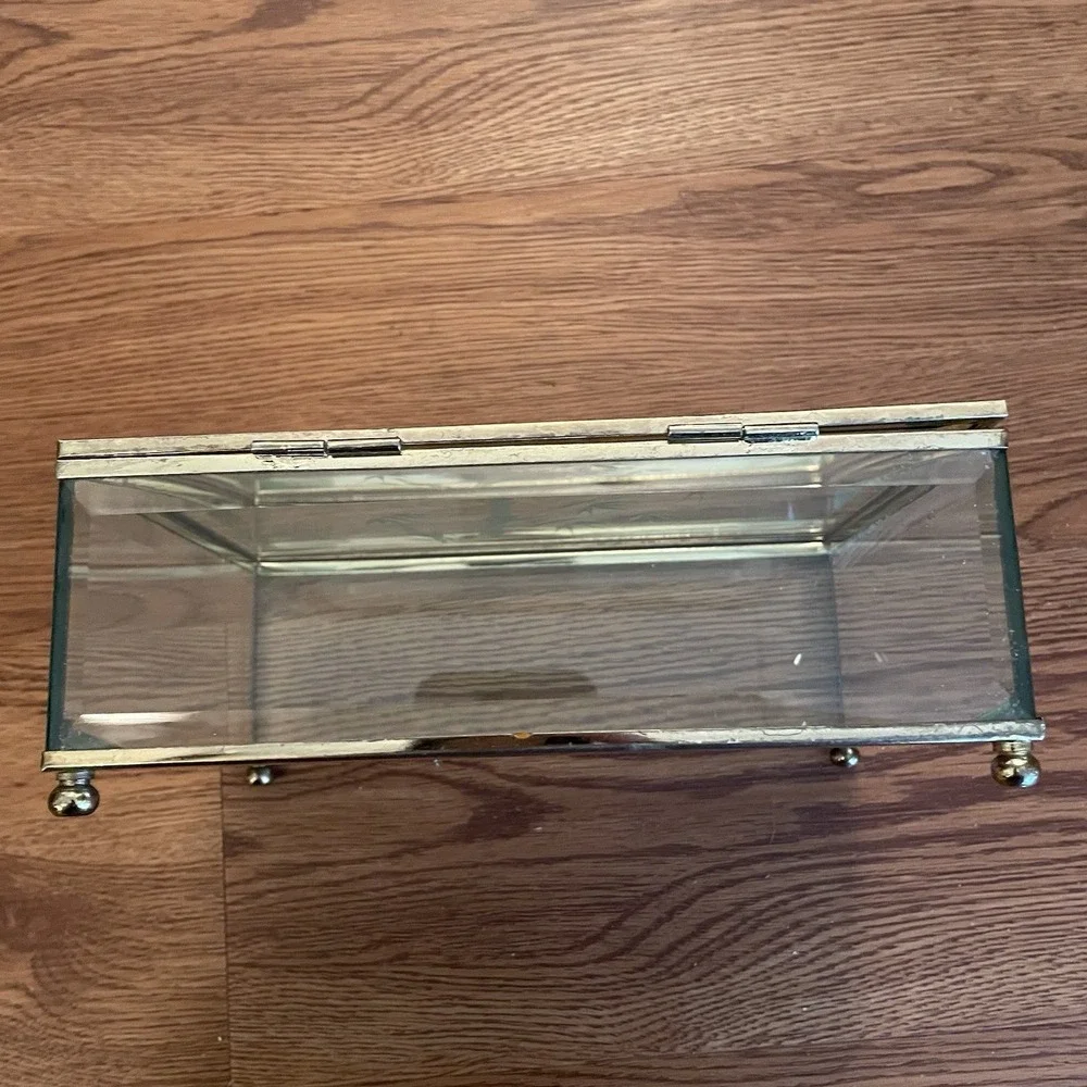 1980s Vintage Etched Bamboo Glass & Brass Jewelry Casket Box 8